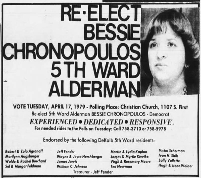A campaign advertisement for DeKalb Fifth Ward Alderwoman Bessie Chronopoulos that appeared in the April 16, 1979 issue of Daily Chronicle.