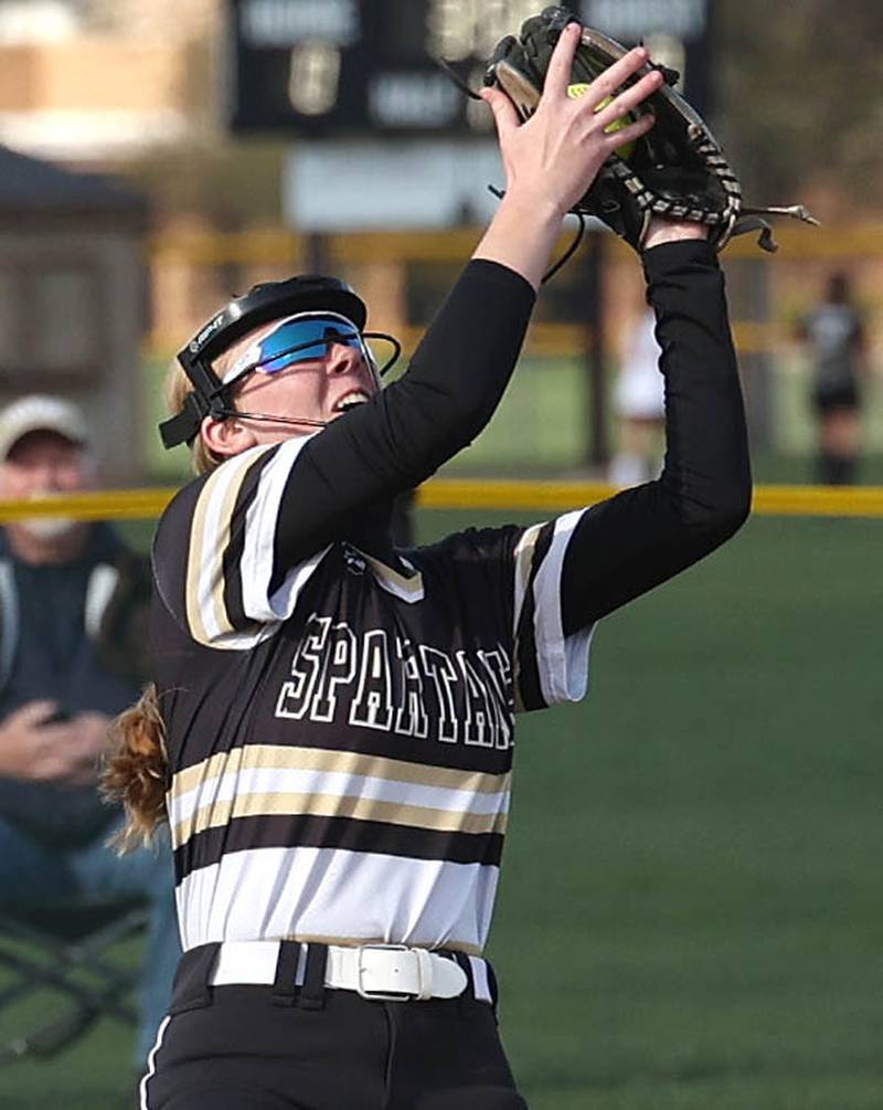 Sycamore's Faith Heil catches a popup on the infield during their game against Ottawa Friday, April 21, 2023, at Sycamore High School.
