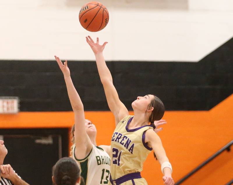 Serena's Makayla McNally wins a jump ball over St. Bede's Ashlyn Ehm during the Class 1A Sectional final game on Thursday, Feb. 22, 2024 at Gardner-South Wilmington High School.