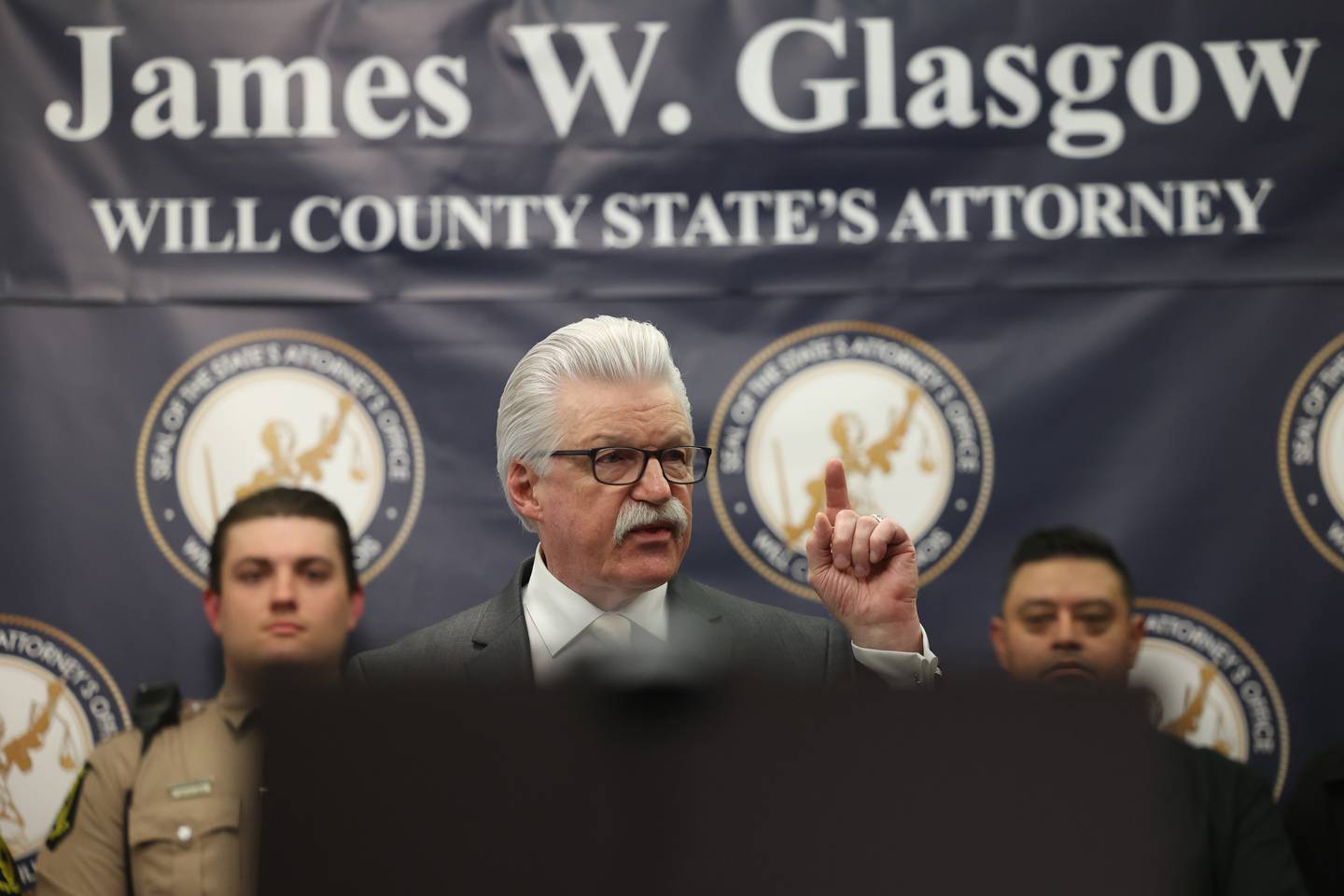 Will County State’s Attorney James Glasgow holds a press conference on Wednesday for the announcement of Jordan Henry’s 22-year prison sentence after Henry was convicted of aggravated vehicular hijacking, armed robbery, fleeing and other offenses.