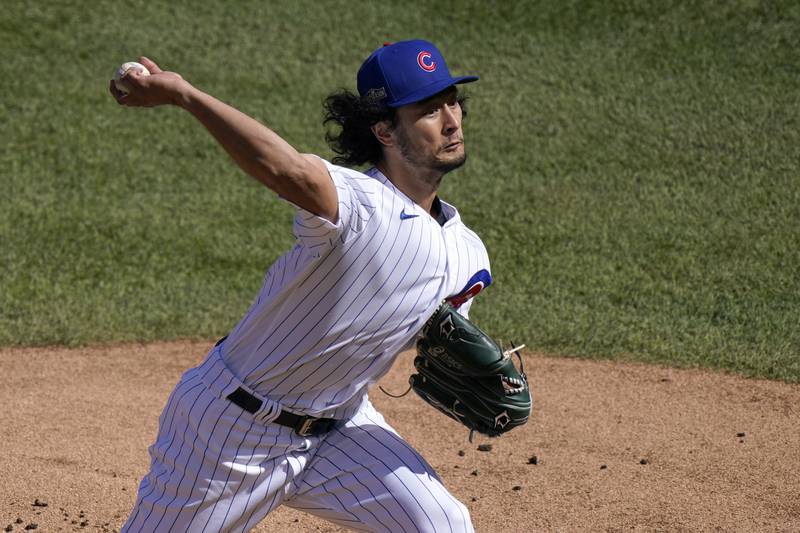 Chicago Cubs starting pitcher Yu Darvish throws during the first inning in Game 2 of a National League wild-card baseball series against the Miami Marlins Friday, Oct. 2, 2020, in Chicago.