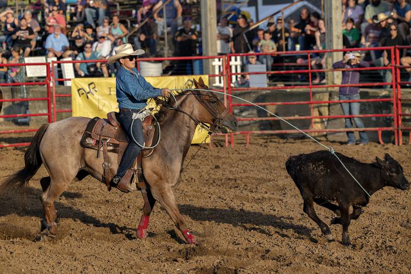 Jason Corcoran loops his target in the calf roping event Thursday, August 7, 2025, at Carroll County Fair’s T and A Bucking Bulls Rodeo.