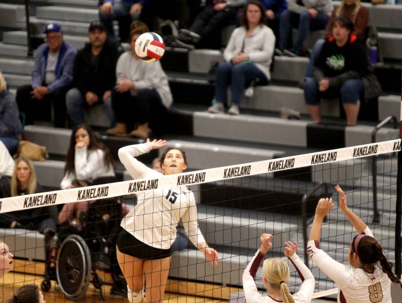 Kaneland’s Delaney Calabrese goes up for a kill during a home game against Morris on Thursday, Oct. 13, 2022.