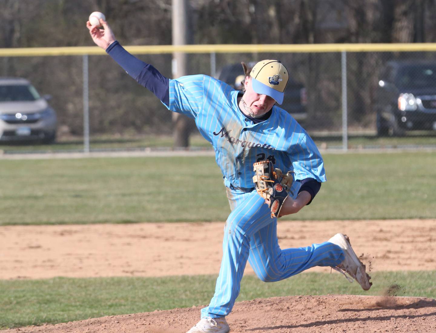Marquette pitcher Anthony Couch lets go of a pitch to Woodland/Flanagan-Cornell on Wednesday, March 27, 2024 at Masinelli Field in Ottawa.