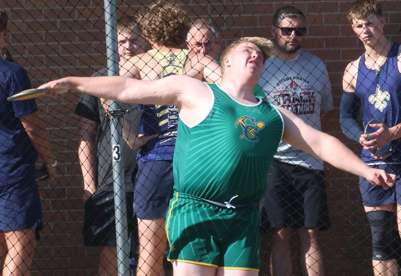 Coal City's Reese Fitzpatrick throws the discus during the Class 2A Sectional on Wednesday, May 20, 2026 at Pontiac High School.