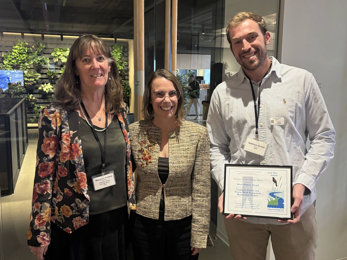 A Forest Preserve District of Will County project receives a Silver Ribbon Award on Jan. 30, 2026 from Friends of the Chicago River. From left to right are Margaret Frisbee, executive director of Friends of the Chicago River; Juli Mason, director of conservation for the Forest Preserve; and Matthew Nicolai, ecological restoration supervisor at Resource Environmental Solutions LLC.