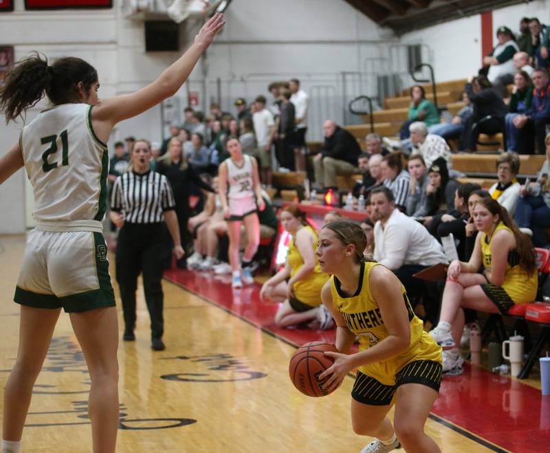 Putnam County's Gabby Doyle looks to pass the ball around St. Bede's Lili Bosnich during the Tri-County Conference Tournament championship game on Thursday, Jan. 18, 2024 at Henry-Senachwine High School.