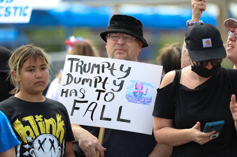 A protester holds an anti-Trump sign along West Jefferson Street for the No Kings Day protest on Saturday, June 14, 2025 in Joliet.