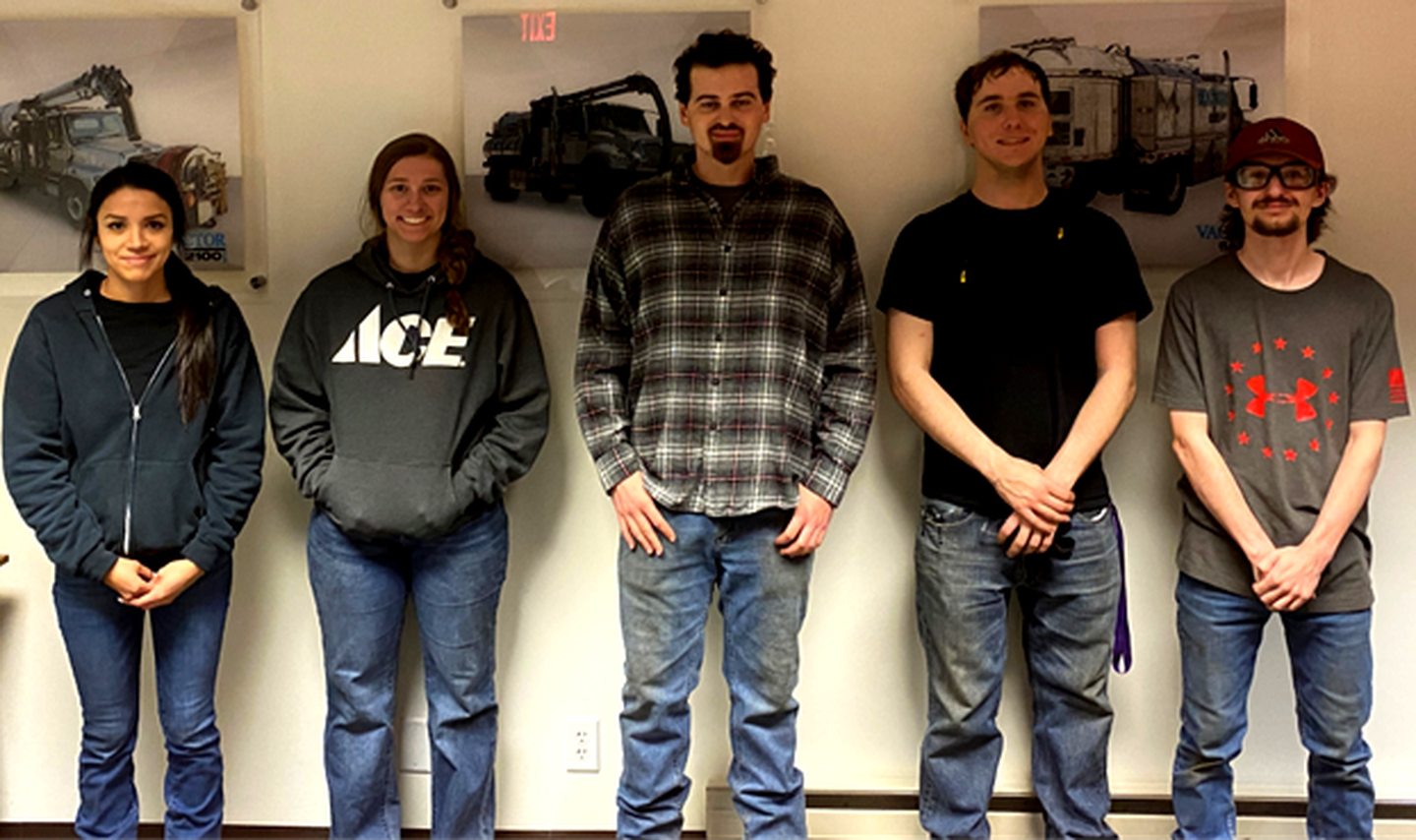 Third-shift Vactor Manufacturing welders and former IVCC students Sahari Chavez (left), Kearra Kargle, Rowan Hampel, Michael Bell and Logan Olszewski.