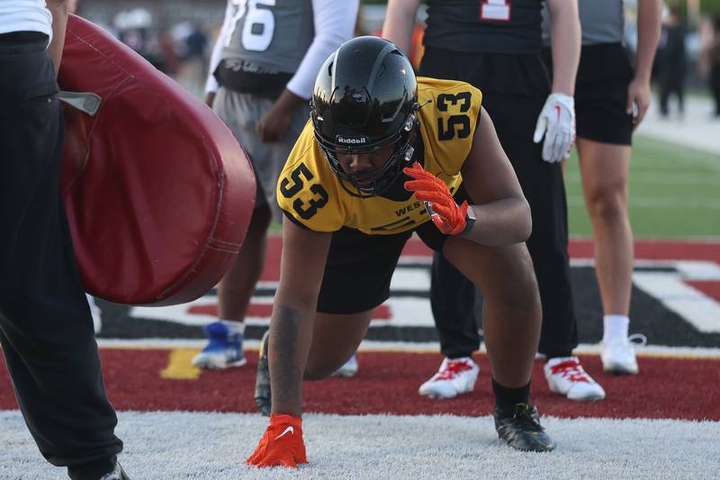 Joliet West’s Savon Jamison runs a drill at the IHSA Southwest Suburb Showcase combine on Thursday, May 7, 2026 at Plainfield North High School.
