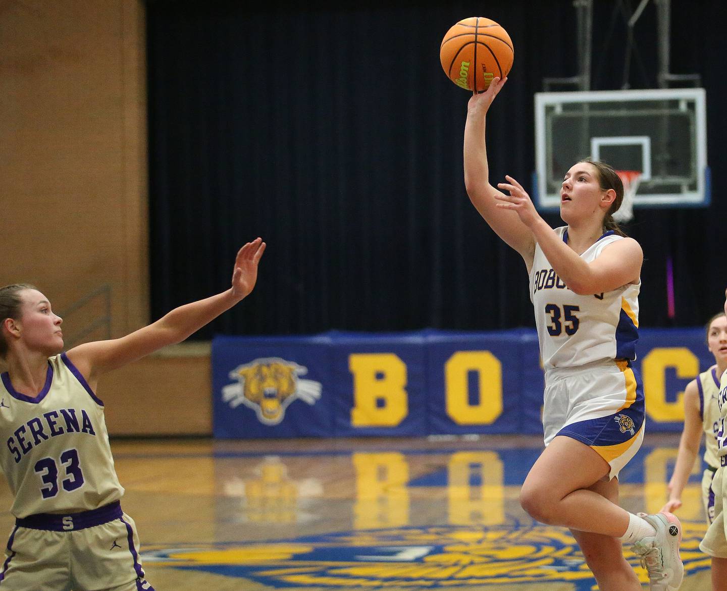 Somonauk/Leland's Kennedy Barshinger lets go of a shot over Serena's Jenna Setchell on Monday, Feb. 10, 2025 at Somonauk High School.