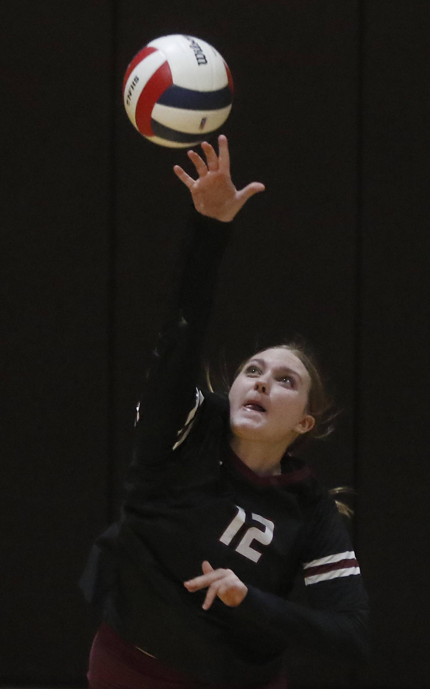 Prairie Ridge's Lauren Bruce serves the ball during the IHSA Class 3A Carmel Sectional championship volleyball match against Carmel on Thursday, Nov. 6, 2025, at Carmel High School, in Mundelein.