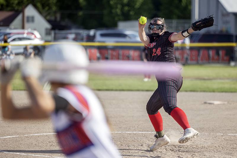 Erie-Prophetstown’s Ayden Klendworth fires a pitch against Morrison Thursday, May 14, 2026.