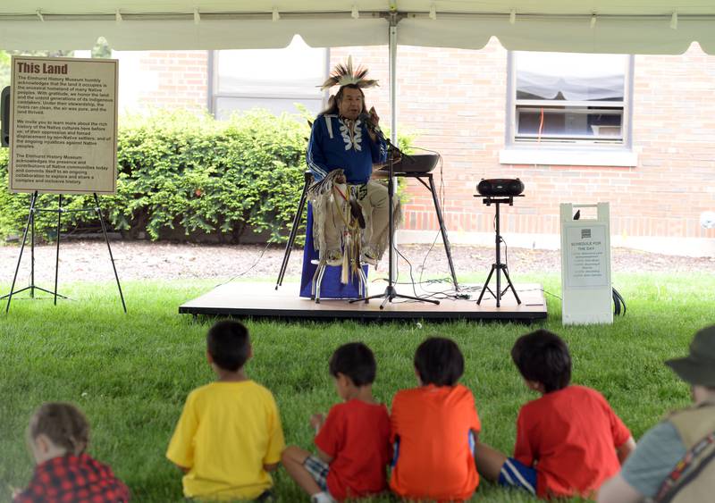 Native American (Menomonee tribe) Art Shegonee of McFarlon, Wis. shares stories at the Elmhurst Historical Museum during Museum Day held Sunday, May 15, 2022.
