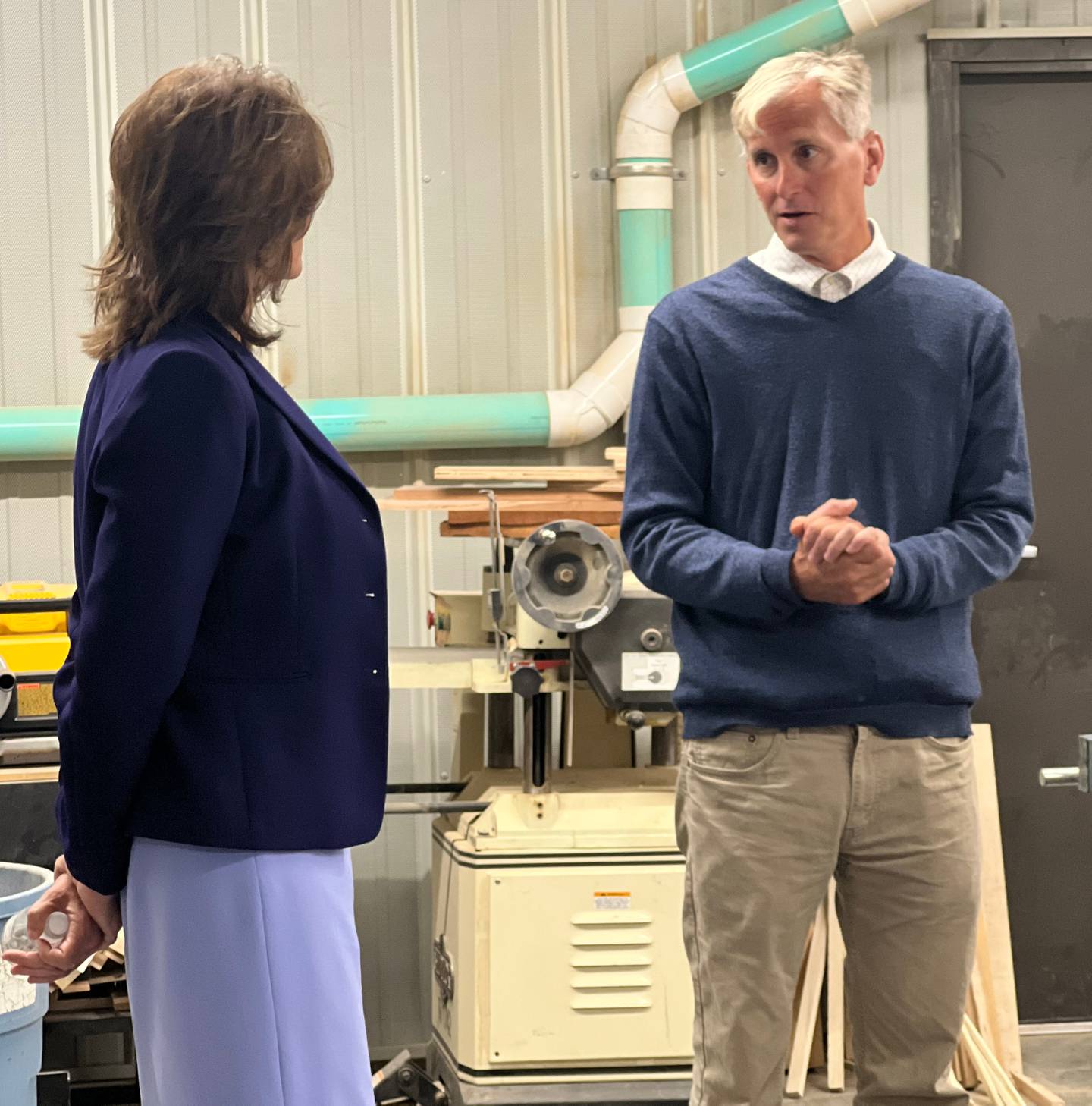 U.S. Rep. Cheri Bustos visits with Morrison Tech President Chris Scott during a Sept. 7 visit in which she presented the school with $1.5 million for its automation and intelligent process control systems field of study.