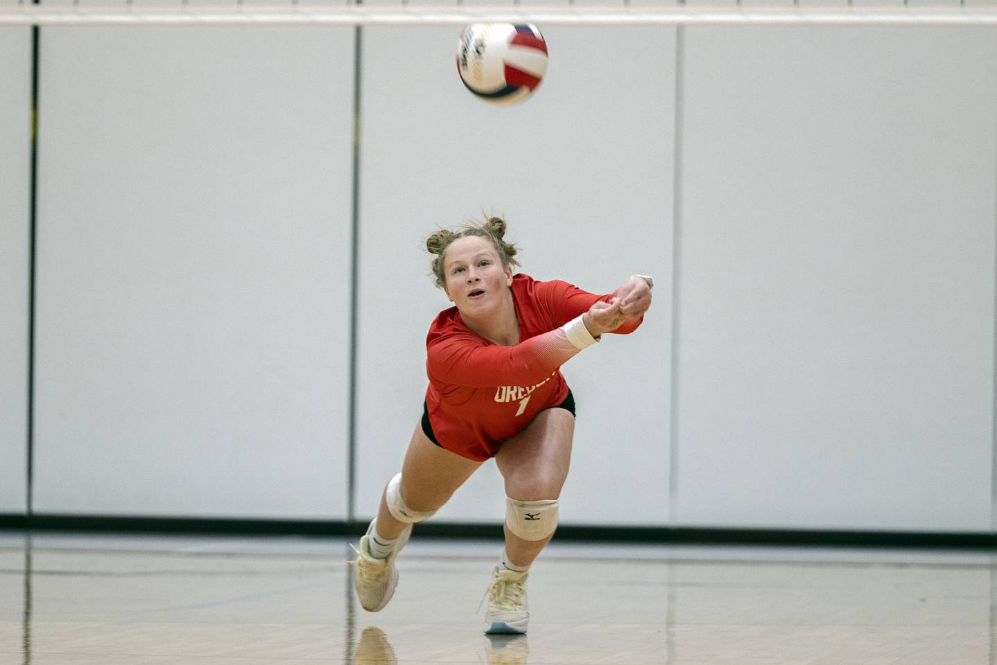 Oregon’s Madison Shaffer lunges for a ball against Rochelle Tuesday, August 29, 2023.