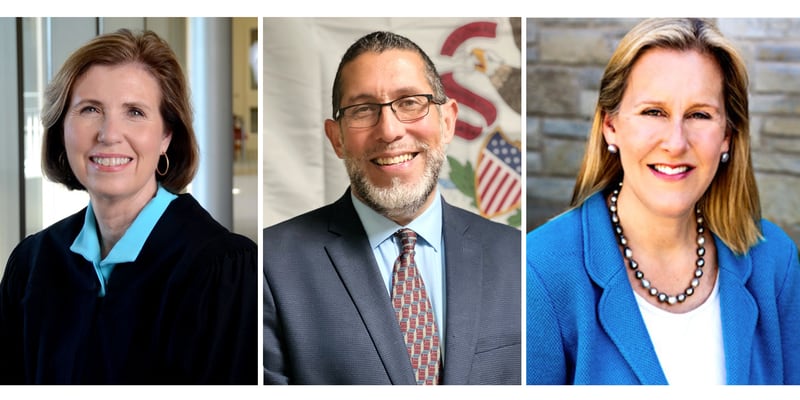 The three Democrats running for the Illinois Supreme Court vacancy in the 2nd District include, left to right, Lake County Judge Elizabeth Rochford, Kane County Judge Rene Cruz and Nancy Rotering.