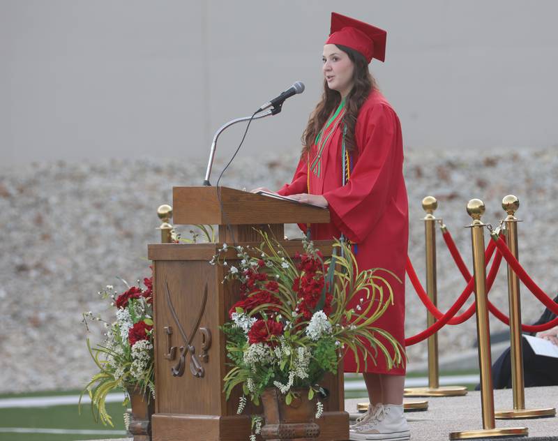 La Salle-Peru Township High School Student Council President Madeline Johns gives a speech during the L-P Class of 2026 commencement ceremony on Thursday, May 14, 2026 at Howard Fellows Stadium.