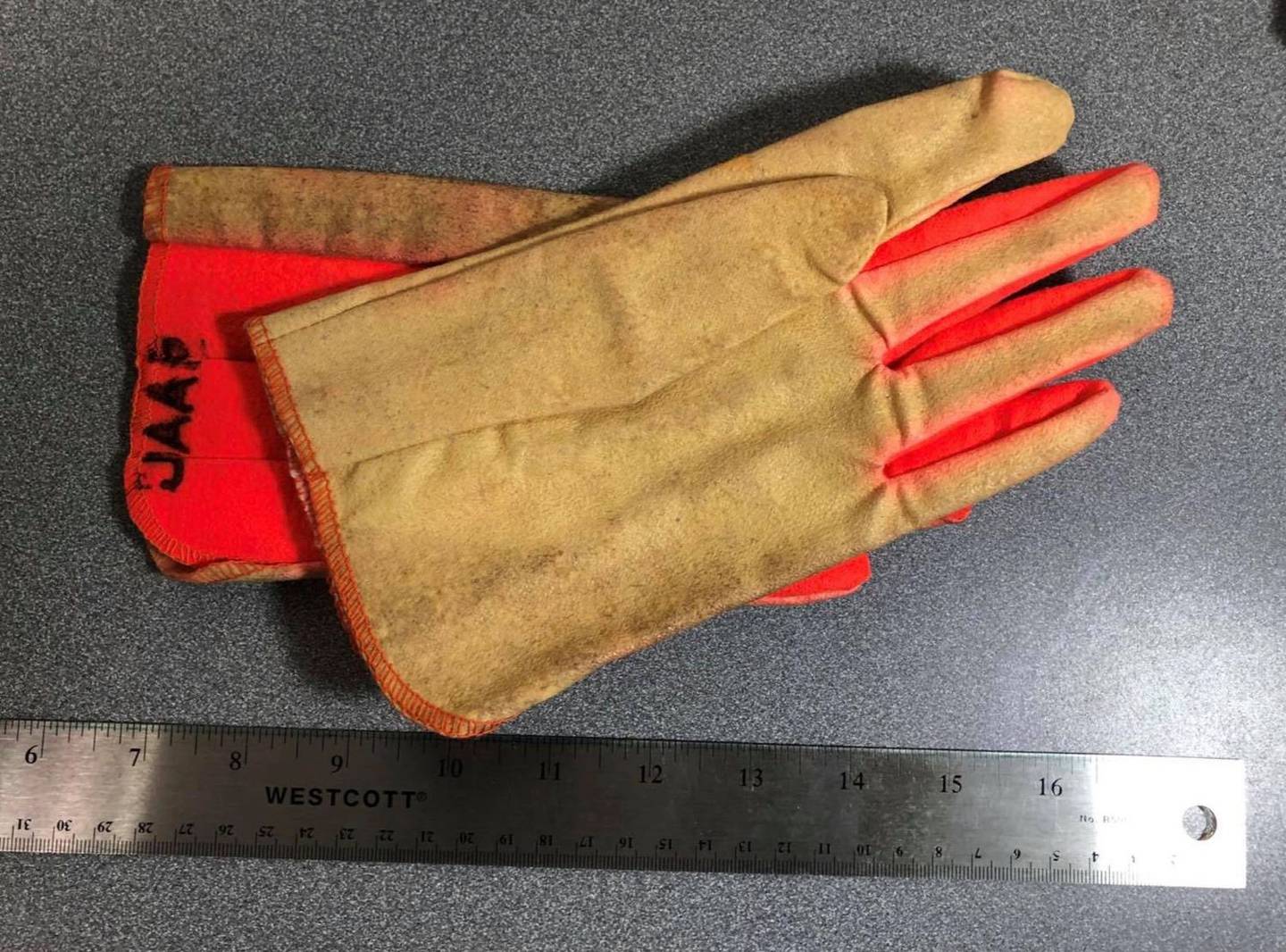 These are pigskin work gloves with dayglow orange inset pieces. The “JAAP” stencil means they are post-1964 when the Joliet Arsenal was redesignated from the “Joliet Army Ammunition Plant.” These were donated to Midewin National Tallgrass Prairie by a current Wilmington resident who picked them up at a recent yard sale.