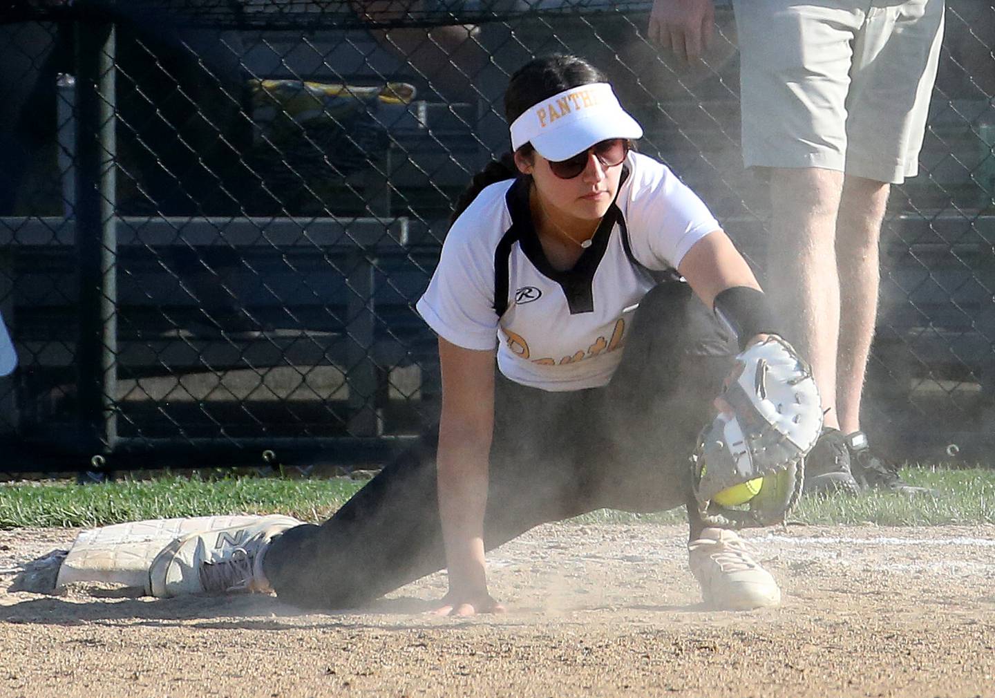 Putnam County's first baseman Maggie Richetta stretches to catch the ball and force out a Seneca runner on Thursday, April 13, 2023 at Seneca High School.