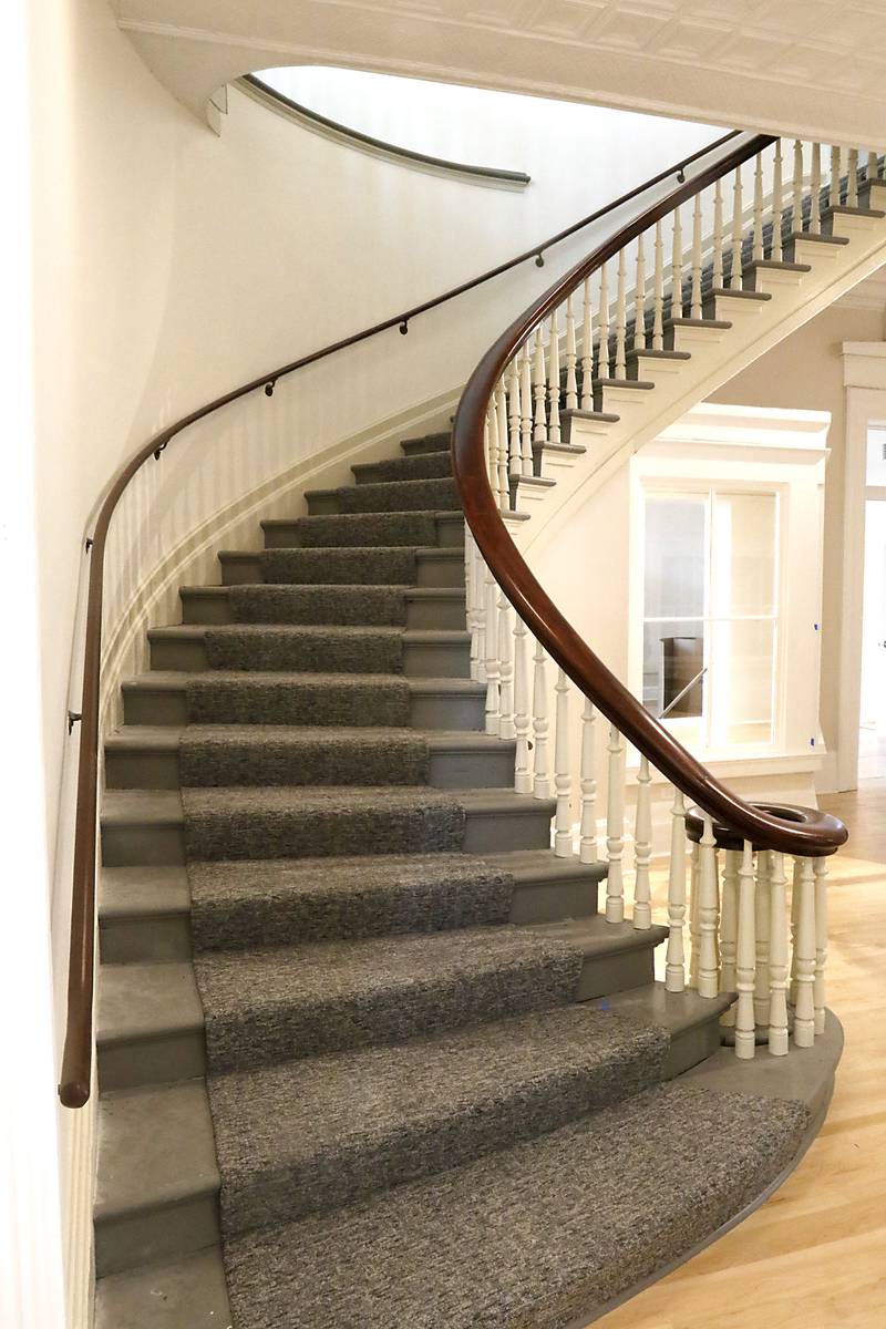 The stair case in the newly remodeled Old Courthouse Center in Woodstock on Thursday, July 13, 2023 during a tour of the building.