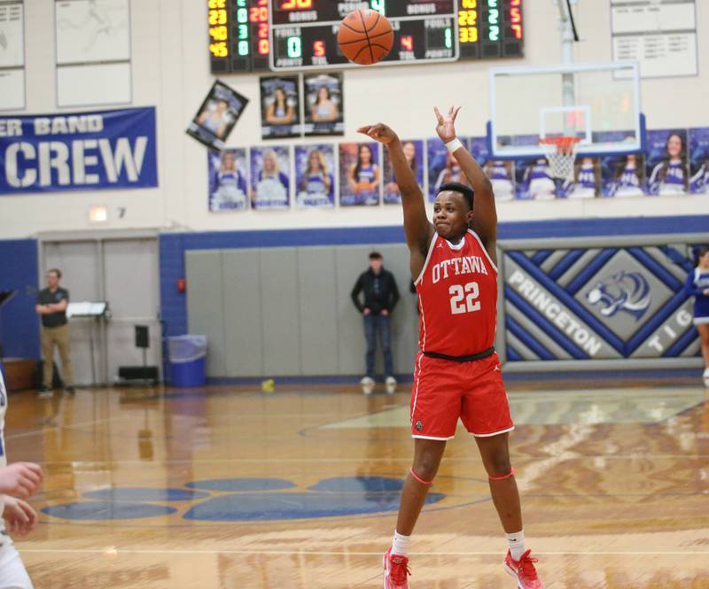 Ottawa's Tristan Finley shoots a wide-open jump shot against Princeton on Monday, Feb. 5, 2024 at Prouty Gym.