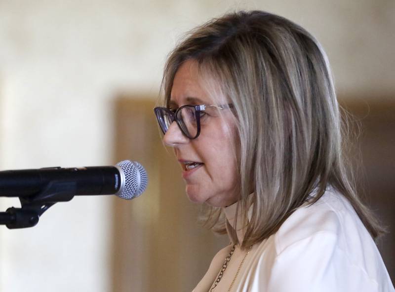 Kim Ulbrich speaks during the Northwest Herald's Women of Distinction award luncheon Wednesday June 29, 2022, at Boulder Ridge Country Club, 350 Boulder Drive in Lake in the Hills. The luncheon recognized 10 women in the community as Women of Distinction plus the first recipient of the Kelly Buchanan Woman of Inspiration award. Ulbrich was among this year's Women of Distinction.