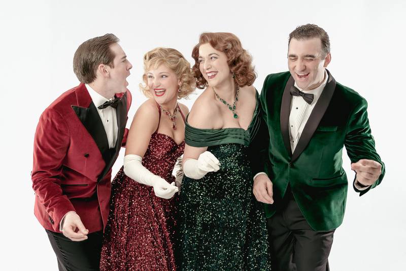 Nostalgia, pageantry and spectacle come to life in Irving Berlin’s White Christmas, next in Paramount Theatre’s 14th Broadway Series, November 12, 2025-January 11, 2026. Paramount’s blockbuster revival of the most iconic holiday musical of all time features (from left) Evan C. Dolan as Phil Davis, Jessie J. Potter as Judy Haynes, Sophie Grimm as Betty Haynes and Alex Syiek as Bob Wallace. Stephen Schellhardt directs. For tickets, visit ParamountAurora.com or call (630) 896-6666.