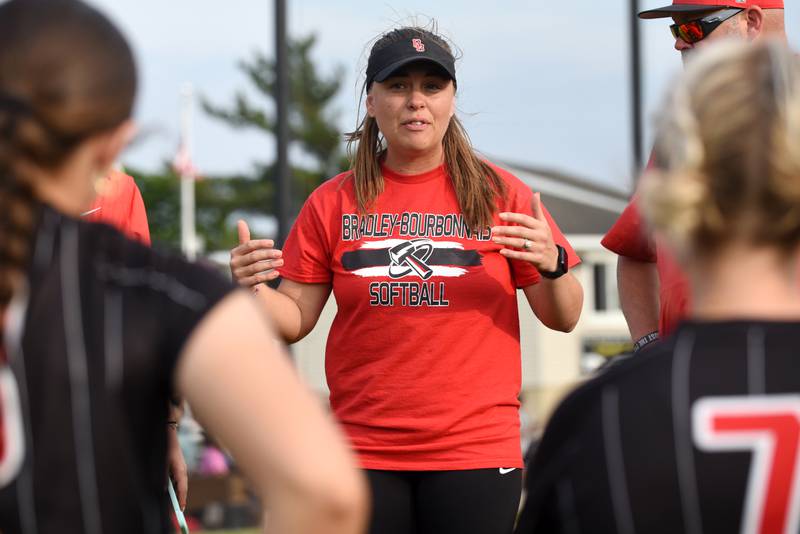 Bradley-Bourbonnais softball coach Haylee Austell addresses the Boilermakers following their 4-0 win over Minooka in the Class 4A Normal Community West Sectional semifinals Tuesday, June 3, 2025.