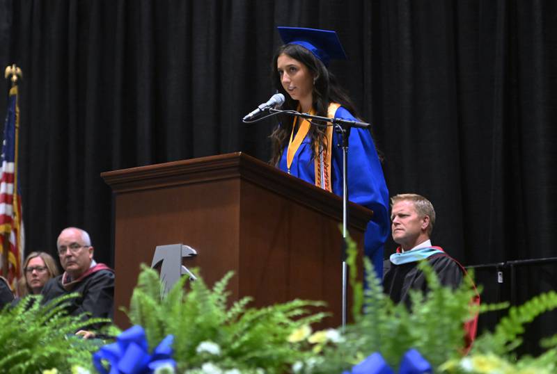 Wheaton North's Student Council President Francesca Petrarca gives the welcome address during the commencement ceremony on Saturday, May 24, 2025 at College of DuPage in Glen Ellyn.