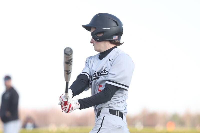 Bolingbrook’s Alex Joos connects for a double against Plainfield East on Monday, March 27, 2023.