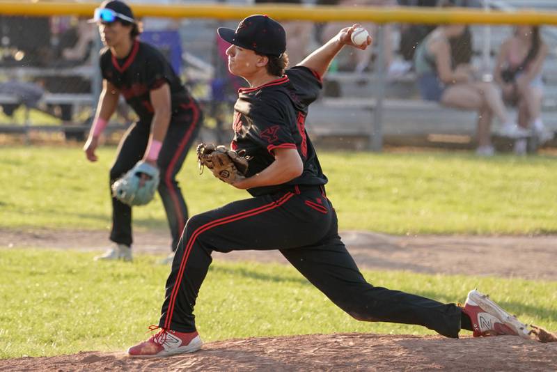 Yorkville's Jacob Cronshaw (8) delivers a pitch against Neuqua Valley during a Class 4A Neuqua Valley Regional semifinal baseball game at Neuqua Valley High School in Naperville on Thursday, May 23, 2024.