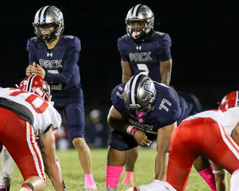 Senior left tackle Jeremiah Smith (77) is a key member of an Oswego East offensive line that has paved the way to a 6-1 start to the season.