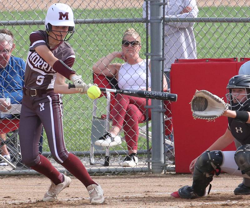 Morris's Kayla Jepson makes contact with a ball against Ottawa on Monday, May 15, 2023 at Ottawa High School.