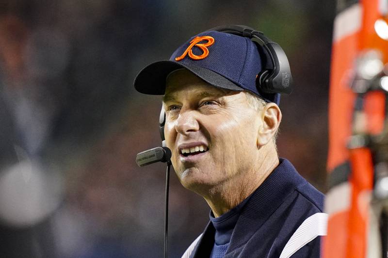 Chicago Bears coach Matt Eberflus watches from the sideline during the first against the Washington Commanders, Thursday, Oct. 13, 2022. in Chicago.