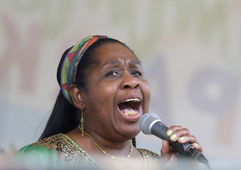 Gospel singer Darlene Benton sings during McHenry County’s first Juneteenth celebration on Saturday, June 17, 2023, at the Historic Woodstock Square. The Juneteenth festival featured McHenry County College  graduate Rodney Katushabe and Pastor Norval Brown of the Cary United Methodist Church, along with music from gospel singer Darlene Benton and jazz musician Ken Davis.