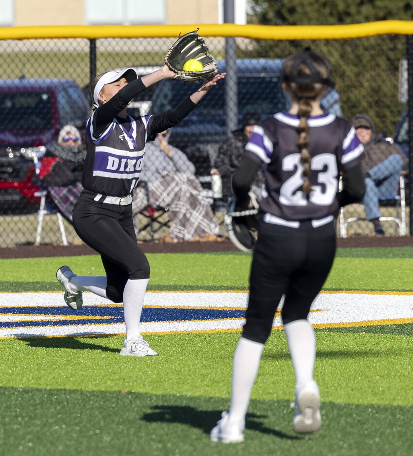 Dixon centerfielder Bailey Tegeler comes in to haul in a catch against Sterling Tuesday, March 25, 2025.