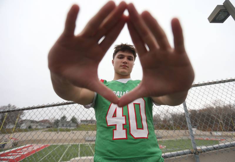 L-P's Nick Hachenberger poses for a photo outside of Howard Fellows Stadium on Monday, Nov. 24, 2025 at L-P High School. Hachenberger is the 2025 NewsTribune defensive football player of the year.
