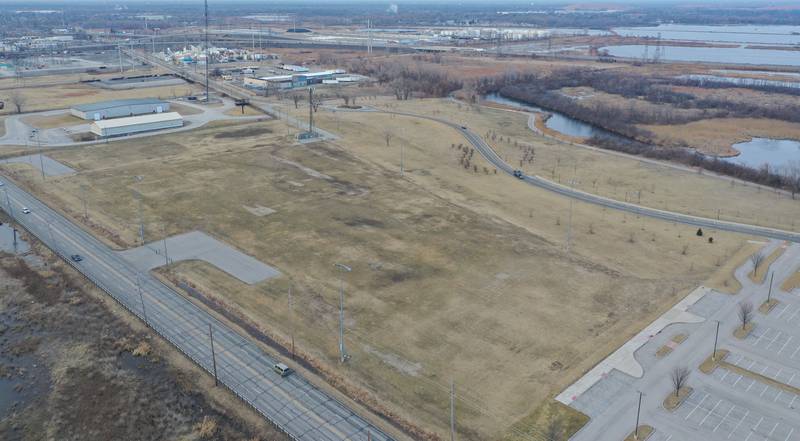 An aerial view looking southwest in the 2700 block of Calumet Avenue near Wolf Lake Memorial Park on Saturday, Feb. 21, 2024 in Hammond Ind.  The location is the potential site of the new Chicago Bears sadium.