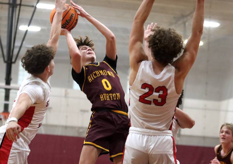 Richmond-Burton’s Gavin Radmer soars to the hoop against Stillman Valley during 74th Annual E.C. Nichols Holiday Classic varsity boys basketball tournament action on Saturday, Dec. 28, 2024 at Marengo High School in Marengo.
