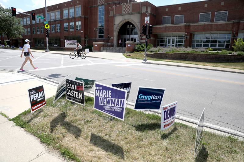 Election signs outside the polling place at Downers Grove North High School on Tuesday.
