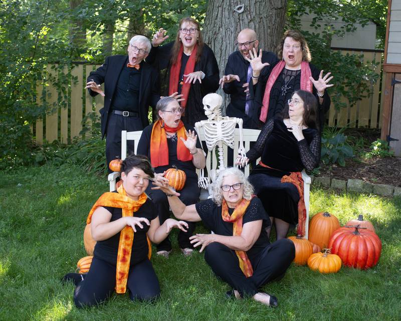 GreenMan Theatre’s “Spooky Stories and Songs of the Season” storytellers. Top row, l-r: Larry Vietzke, Melanie Concklin, Elliot Brtva, Marilyn Connolly. Middle row, l-r: Carolyn Thomas-Davidoff, Cassy Beach. Seated, l-r: Lily Brtva, Debbie Proska.