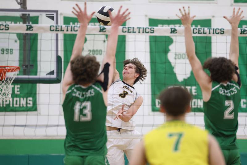 Joliet West’s Nathan Fleischauer goes for the kill against Providence on Tuesday, April 16, 2024 in New Lenox.