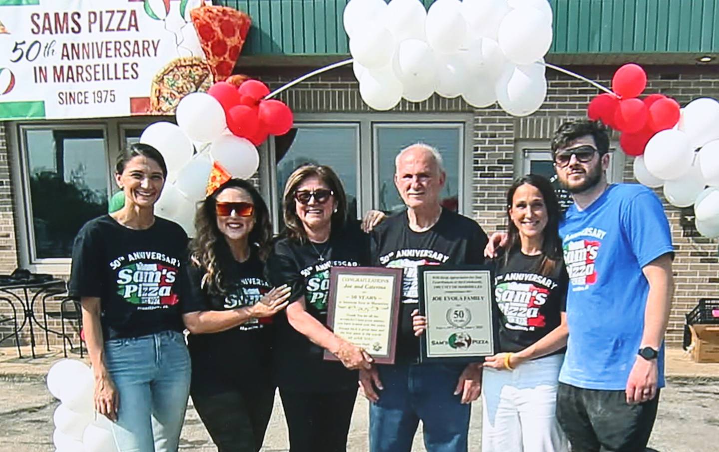 (From left) Angela Evola, Orsola Filus, Caterina Evola, Joe Evola, Concetta Mangiapane and Salvatore Evola pose for a photo during their 50th anniversary celebration on Sunday, June 1, 2025, in Marseilles.