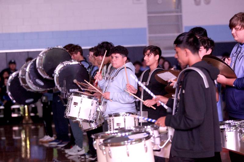 Nazareth Academy drummers perform during a homecoming pep rally at the La Grange Park school on Friday, Sept. 29, 2023.