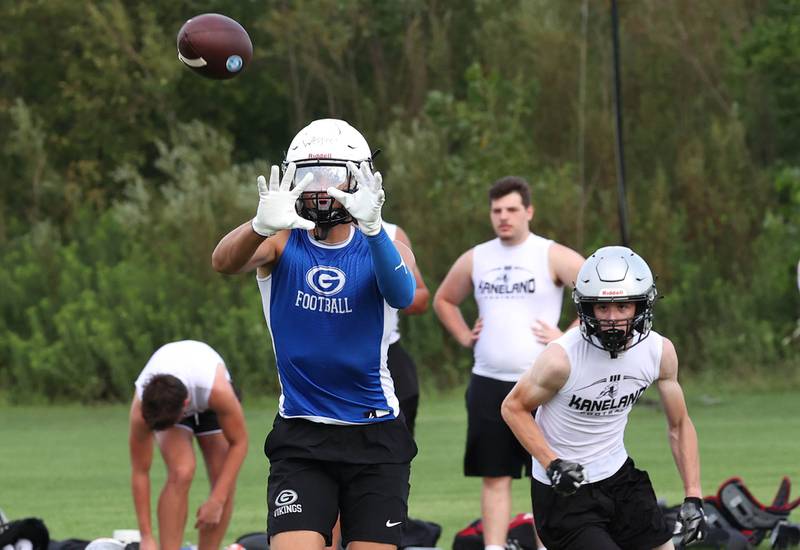 Geneva’s Finn Weppner makes a catch Tuesday, July 16, 2024, during their matchup with Kaneland in the Kaneland 7-on-7 at the school in Maple Park.