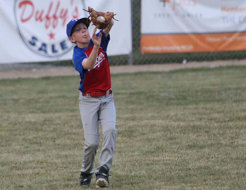 Frostbyte MSP Rangers Kyle Hedge makes a catch in center field during the Ottawa Little League baseball (12U) City Championship on Friday, June 23, 2023 at Varland Park in Ottawa.
