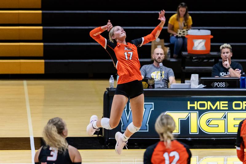 Lincoln-Way West's Kaylea Armstrong goes up for a kill during a varsity volleyball away game against Joliet West on Sept. 15, 2025.