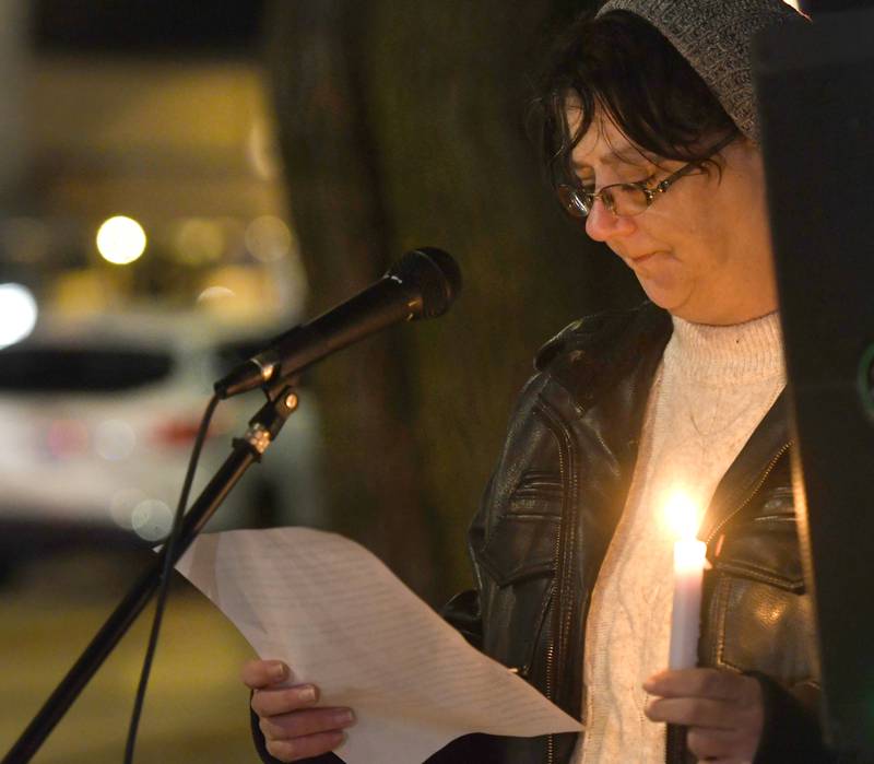 Veronica Matthews of Oregon speaks during a candlelight vigil on Friday, Jan. 9, 2026, for Renee Nicole Good on the Ogle County Courthouse Square in Oregon.