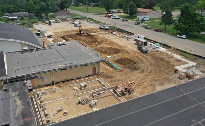 Crews from MCP Midwest work on the new Henry-Senachwine High School academic wing addition on Monday, June 9, 2025 in Henry.